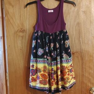 AKA New York Mixed Media Babydoll Dress Violet Black Yellow Silk/Modal Boho S